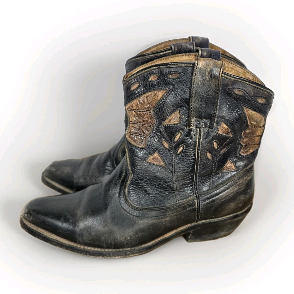 BED STU Cobbler Filly Distressed Black Brown Inlay‎ Ankle Boots Western Size 7